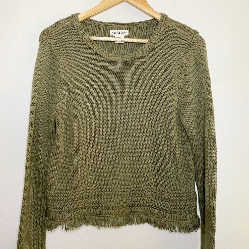 Artisan NY Women's Boho Fringe Knit Sweater, Olive Green, Size M